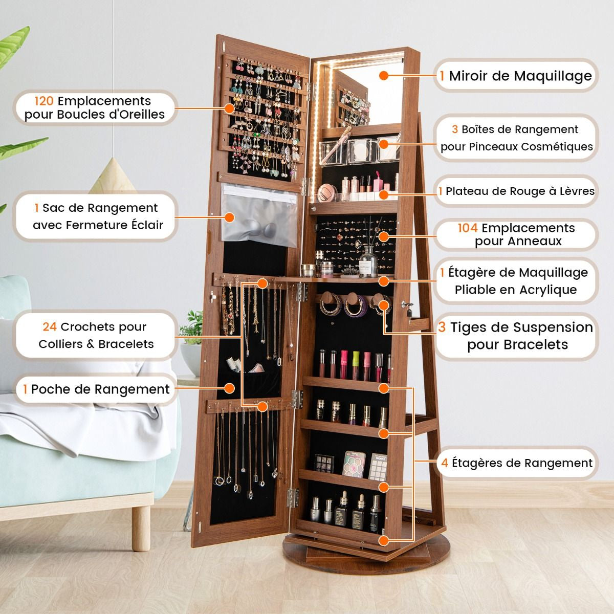 Armoire À Bijoux Pivotante À 360°Avec Lumières LED 3 Couleurs Miroir Pleine Longueur Et Étagère 3 Niveaux En Arrière 10 Couleurs Au Choix