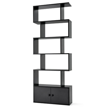 Bibliothèque Étagère Échelle En Bois À 6 Niveaux Avec 2 Portes 70X23X183 Cm Style Moderne Forme En S Marron Rustique/Blanc/Noir