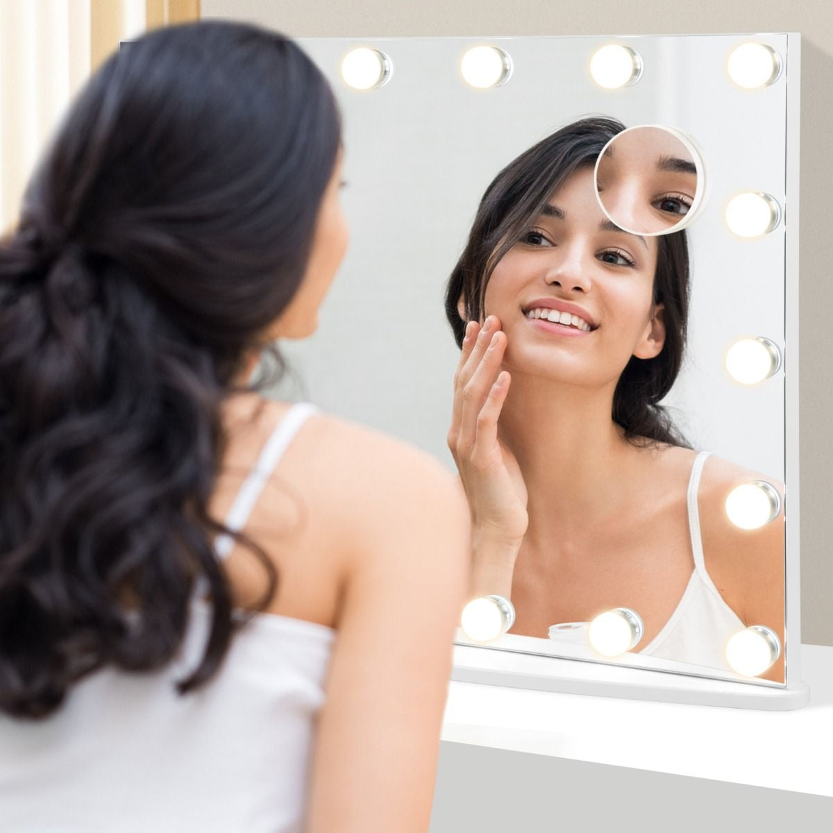 Miroir Maquillage Hollywood-18 Ampoules LED Tactile Grossissement 3X Éclairage Blanc Froid/Chaud/Neutre