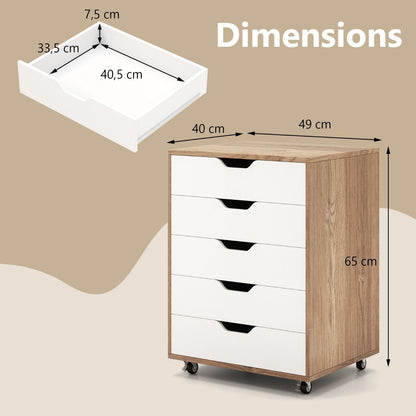 Caisson Mobile Et Vertical À Roulettes Avec 5 Tiroirs Poignée Incurvée Et 2 Roues Avec Frein 49 X 40 X 65 Cm Blanc/Naturel/Noir