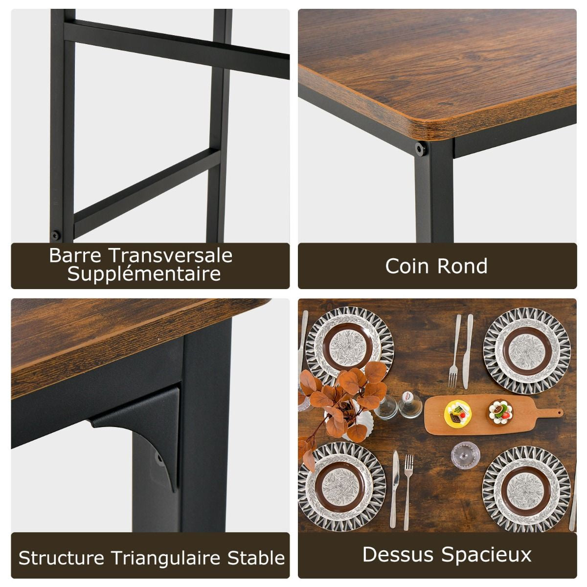 Ensemble Table Et 2 Chaise 1 Banc 4 Personnes Style Industriel Structure En Métal Pour Salle À Manger Restaurant Cuisine Marron/Gris/Café