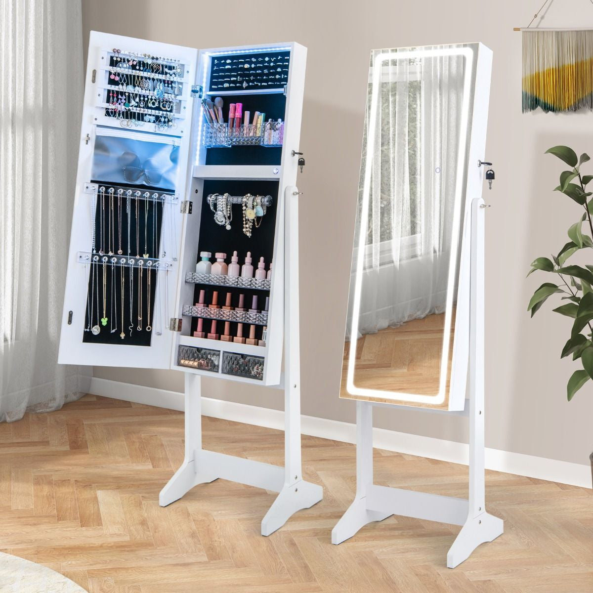 Armoire À Bijoux Sur Pied Avec Lumières LED Armoire Verrouillable Avec Miroir Pleine Longueur Éclairé Blanc/Marron Rustique/Noyer