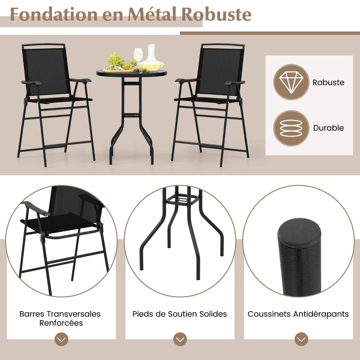 Bistrot Pour Patio 3 Pièces Table Et Chaises Pliantes De Bar De Jardin Avec Plateau De Table DPC Trou Pour Parasol Et Repose-Pieds