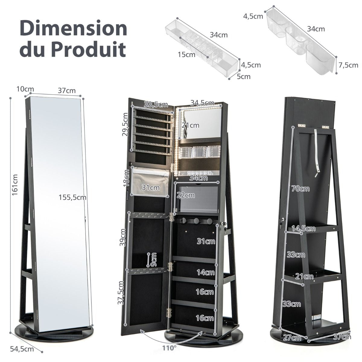 Armoire À Bijoux Pivotante À 360°Avec Lumières LED 3 Couleurs Miroir Pleine Longueur Et Étagère 3 Niveaux En Arrière 10 Couleurs Au Choix