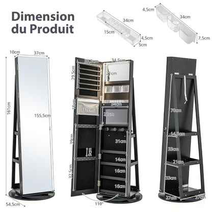 Armoire À Bijoux Pivotante À 360°Avec Lumières LED 3 Couleurs Miroir Pleine Longueur Et Étagère 3 Niveaux En Arrière 10 Couleurs Au Choix