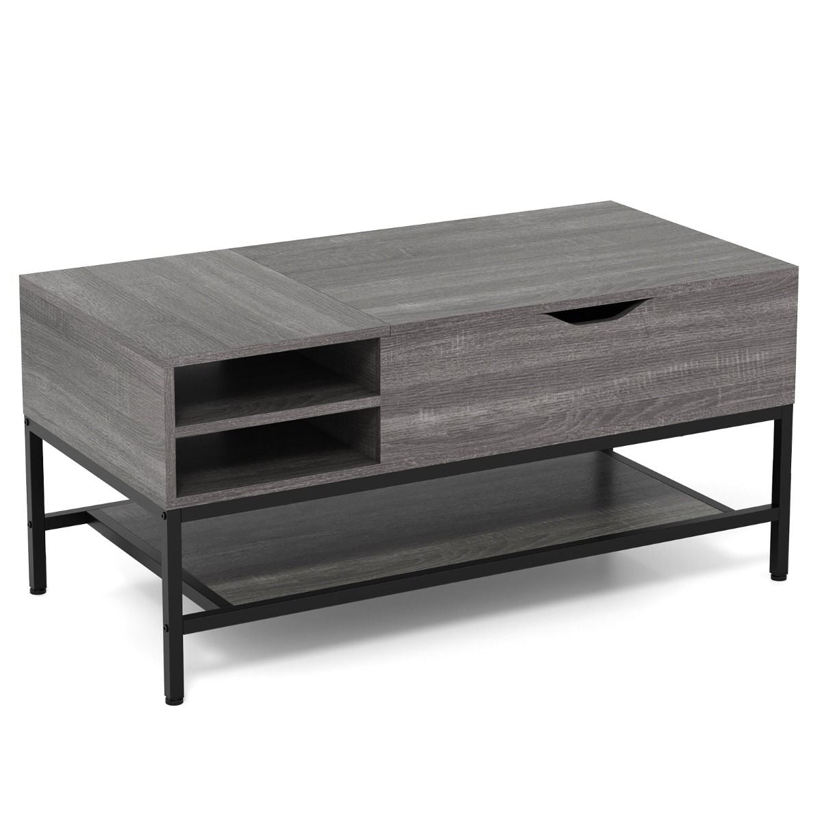 Table Basse À Plateau Relevable Table De Salon Avec Compartiment Caché Et Etagère De Rangement Amovible Table Centrale Rabattable Blanc/Gris