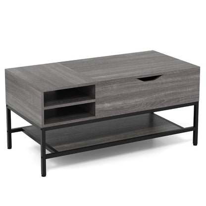 Table Basse À Plateau Relevable Table De Salon Avec Compartiment Caché Et Etagère De Rangement Amovible Table Centrale Rabattable Blanc/Gris