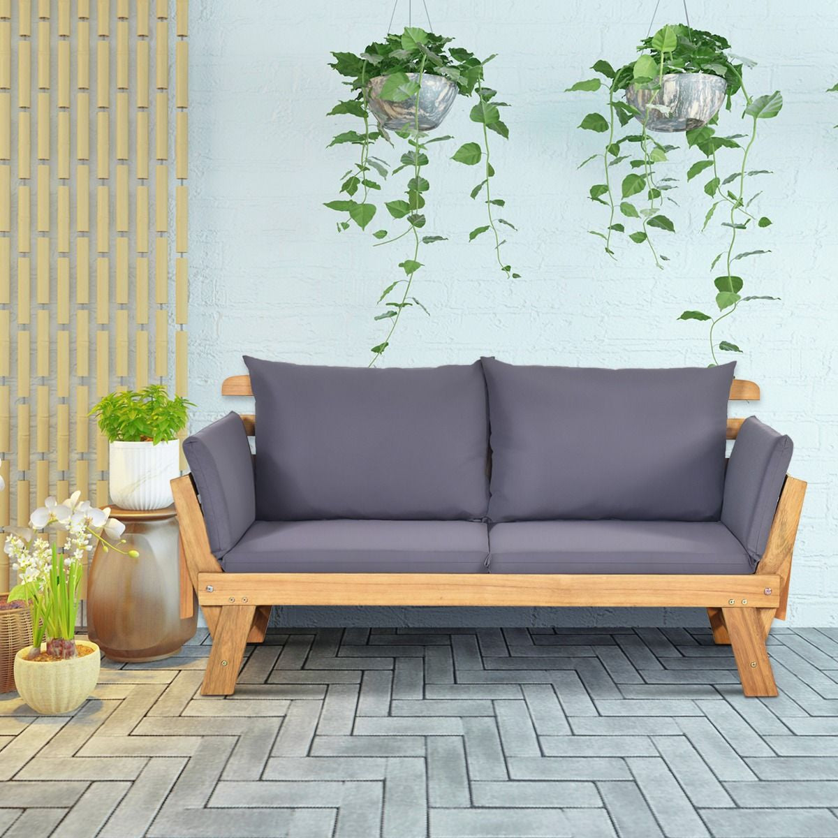 Chaise Longue Convertible Avec Coussin Canapé De Jardin 2 En 1 En Bois D’Acacia Avec Accoudoir Réglable 4 Couleurs Au Choix