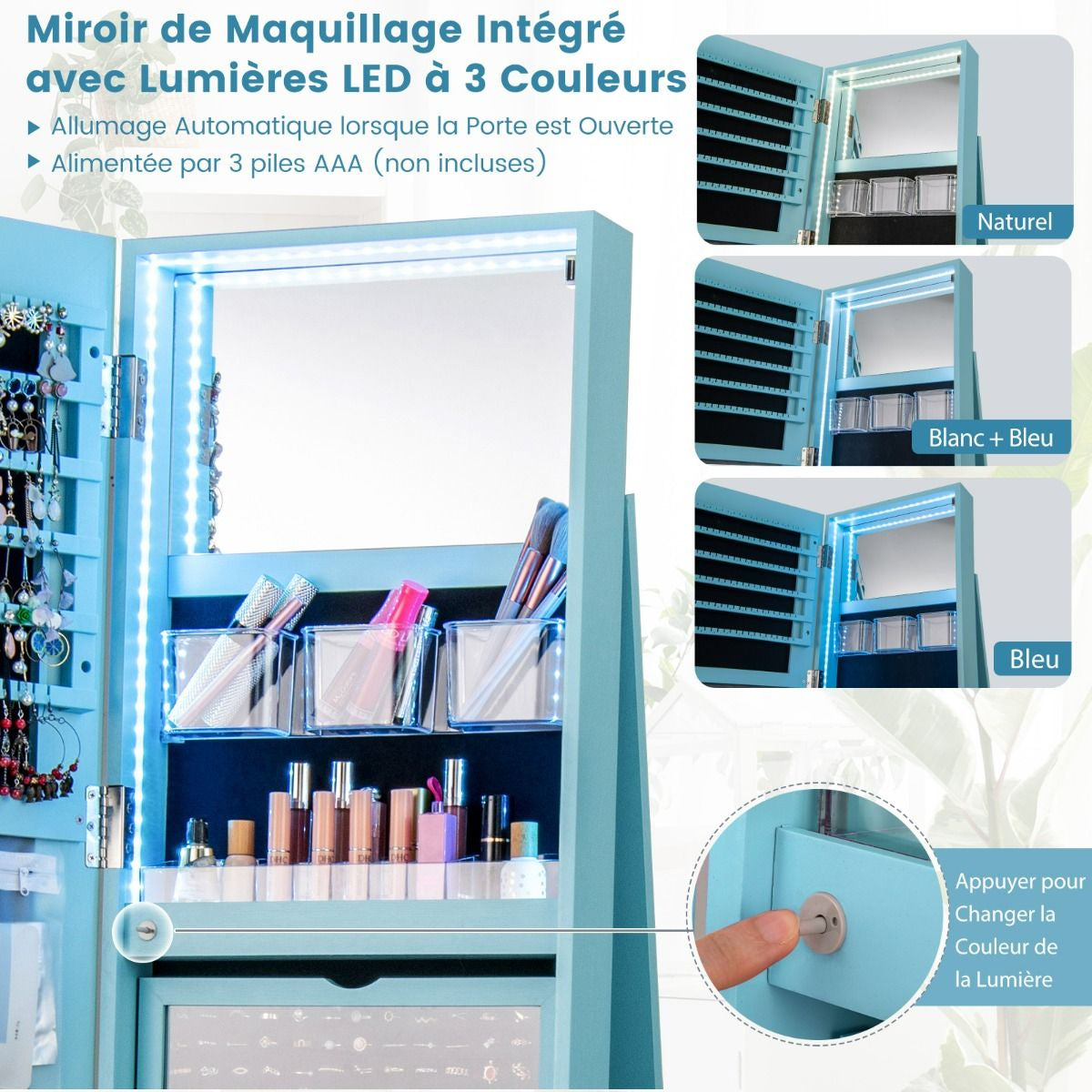 Armoire À Bijoux Pivotante À 360°Avec Lumières LED 3 Couleurs Miroir Pleine Longueur Et Étagère 3 Niveaux En Arrière 10 Couleurs Au Choix