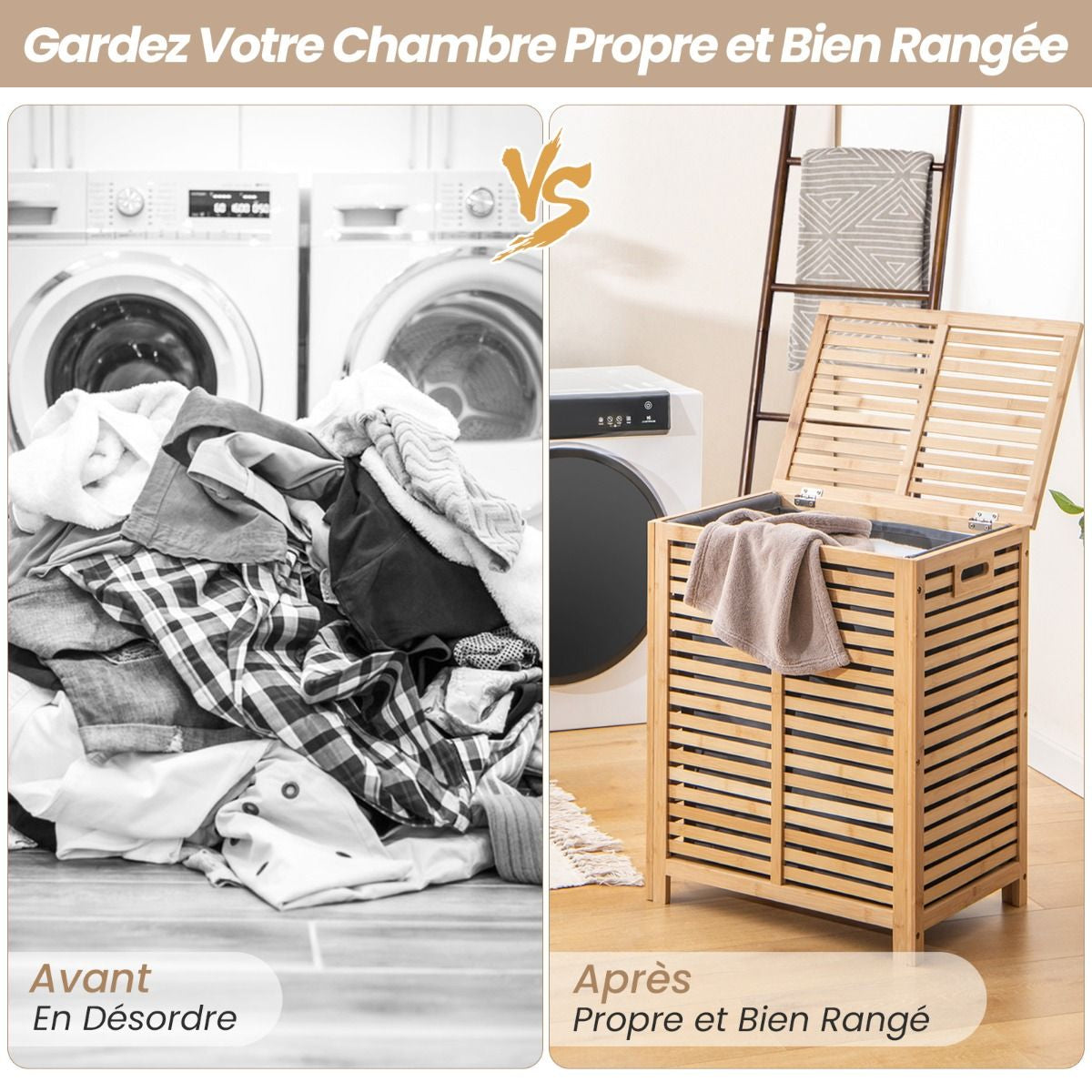 Panier À Linge 80L En Bambou Corbeille À Linge Avec Couvercle Sac À Doublure Et Poignées 50 X 35 X 62 Cm Naturel
