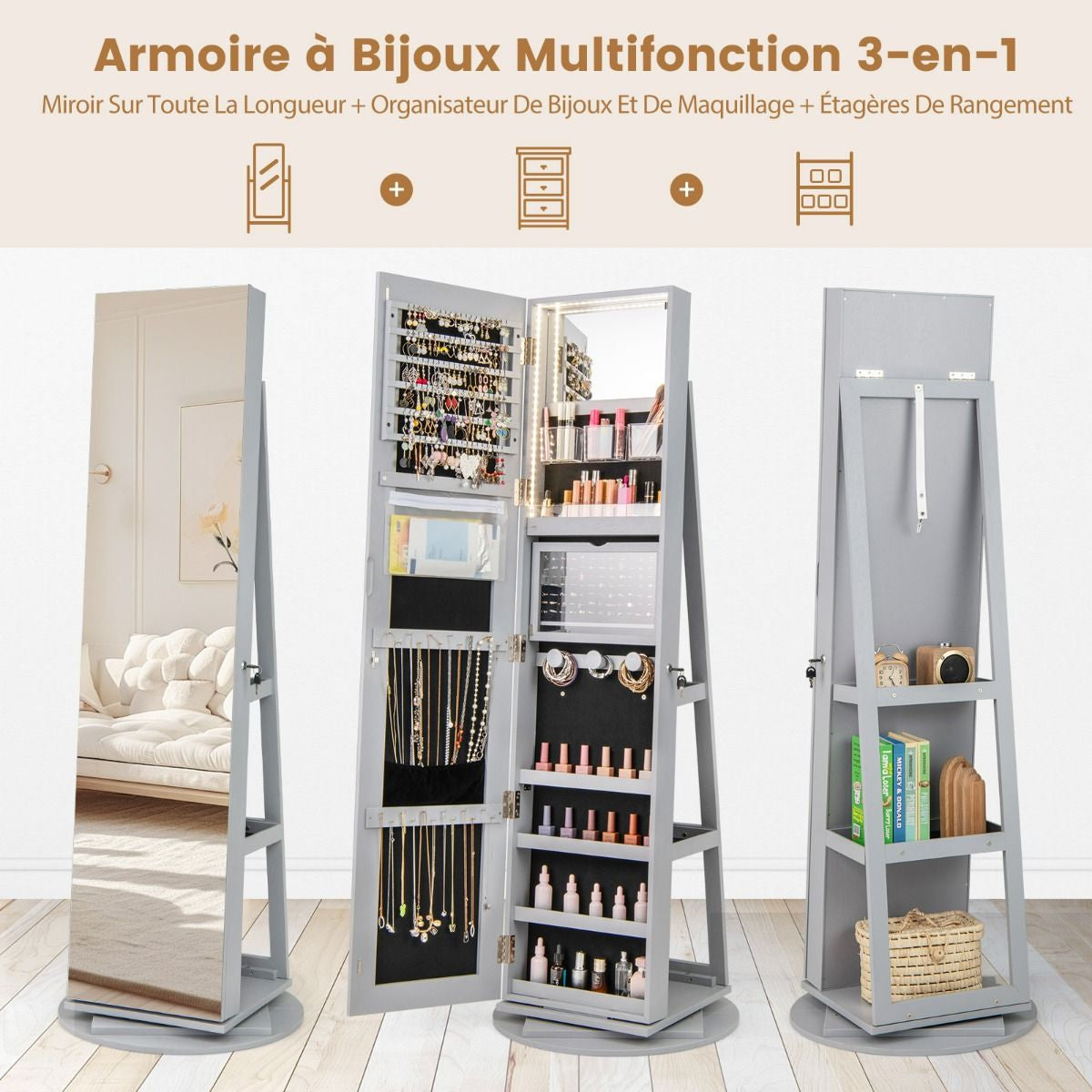 Armoire À Bijoux Pivotante À 360°Avec Lumières LED 3 Couleurs Miroir Pleine Longueur Et Étagère 3 Niveaux En Arrière 10 Couleurs Au Choix