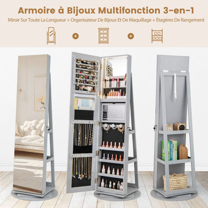 Armoire À Bijoux Pivotante À 360°Avec Lumières LED 3 Couleurs Miroir Pleine Longueur Et Étagère 3 Niveaux En Arrière 10 Couleurs Au Choix