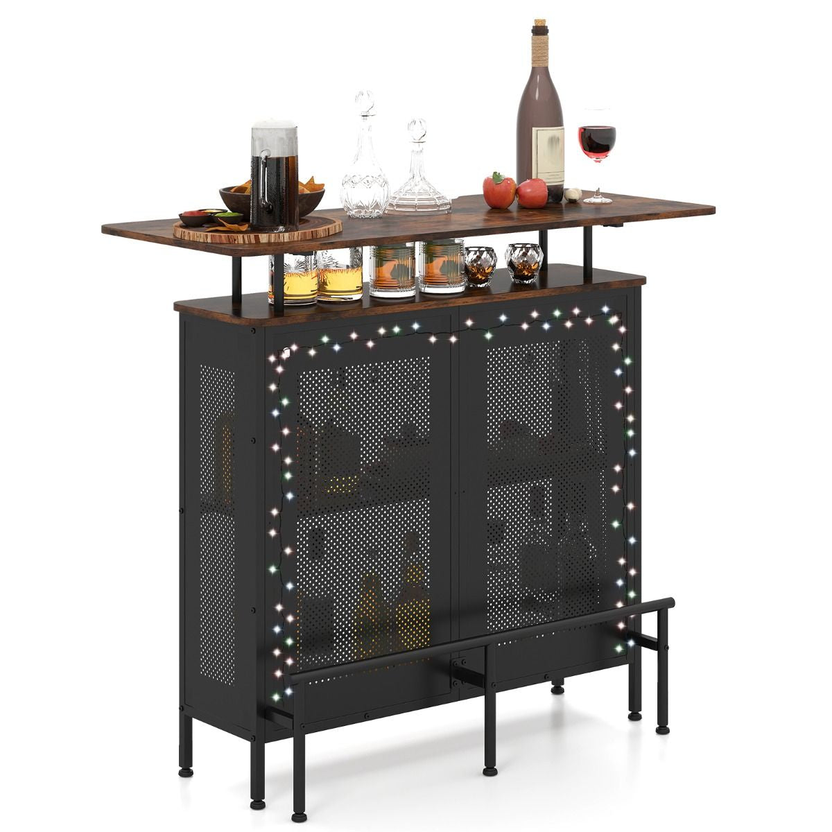 Table De Bar À Domicile À 4 Niveaux Armoire De Bar Avec 2 Étagères Pour Vin Et 6 Supports De Verres Repose-Pieds En Métal 7 Pieds Réglables Noir/Marron