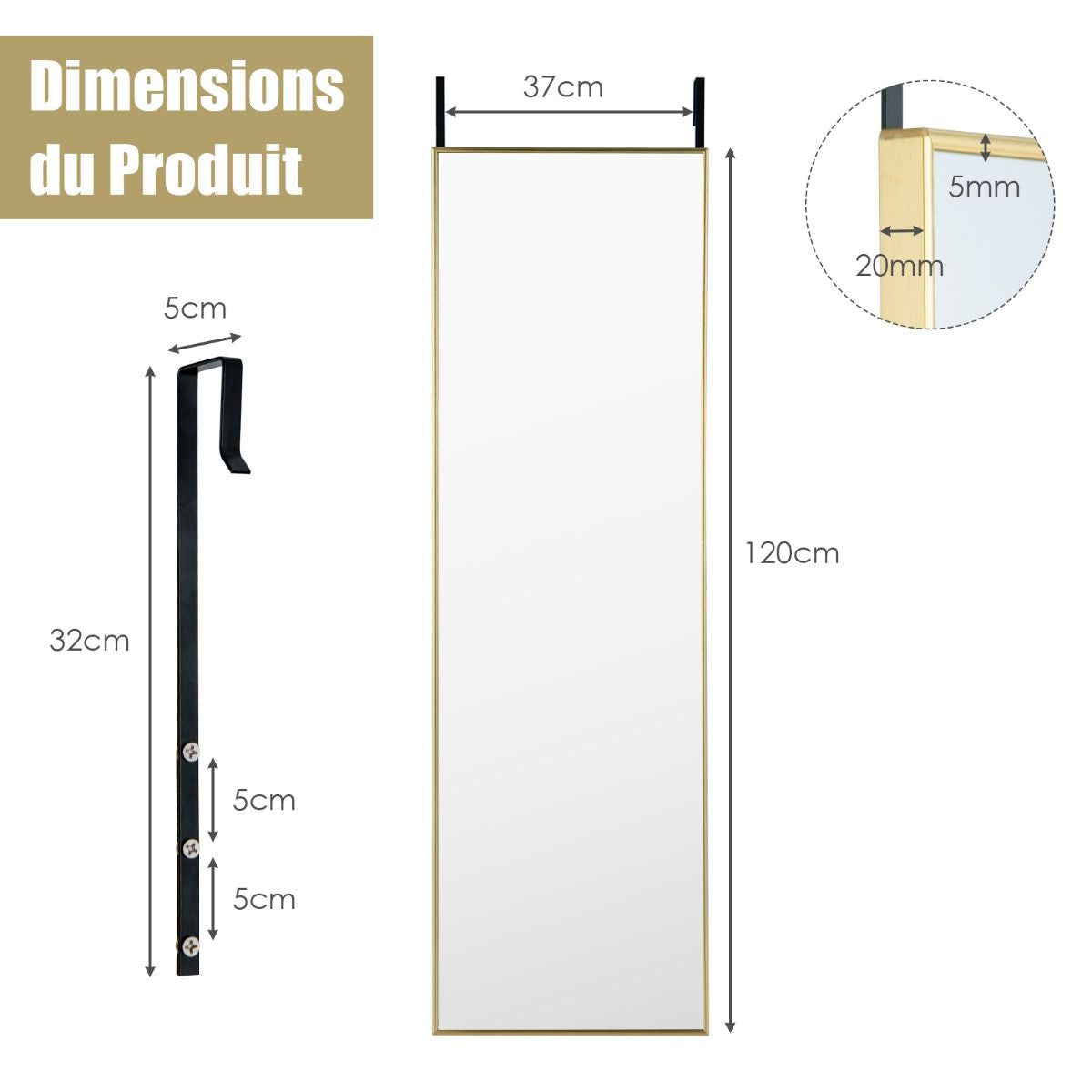 Miroir HD Psyché Mural Miroir Rectangulaire De Grand Format H 120 X L37 CM Cadre Argent En Alliage D'Aluminium Noir/Argent/Or