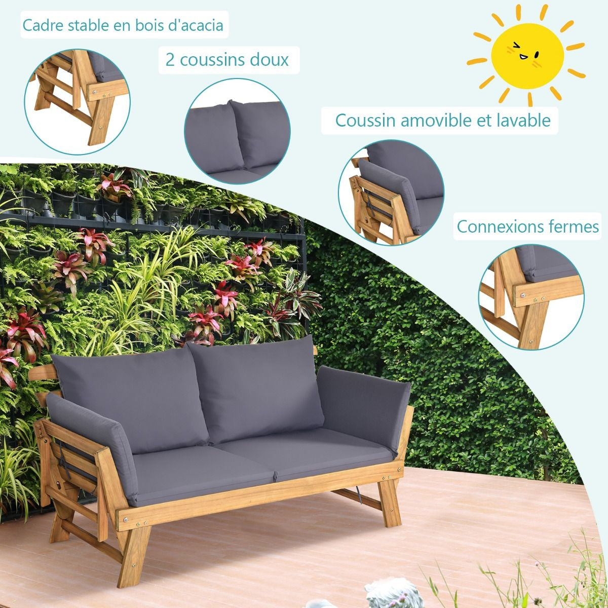 Chaise Longue Convertible Avec Coussin Canapé De Jardin 2 En 1 En Bois D’Acacia Avec Accoudoir Réglable 4 Couleurs Au Choix