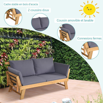 Chaise Longue Convertible Avec Coussin Canapé De Jardin 2 En 1 En Bois D’Acacia Avec Accoudoir Réglable 4 Couleurs Au Choix