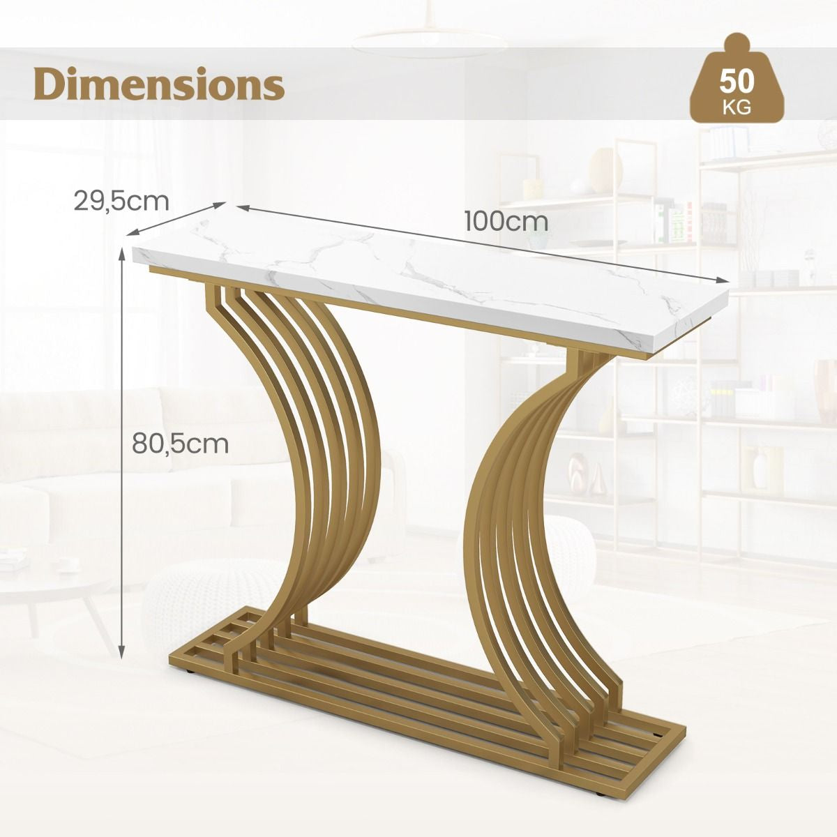 Table Console Imprimée Marbre 100 X 29,5 X 80,5 Cm (L X L X H) Cadre En Métal Doré Style Scandinave Moderne Blanc