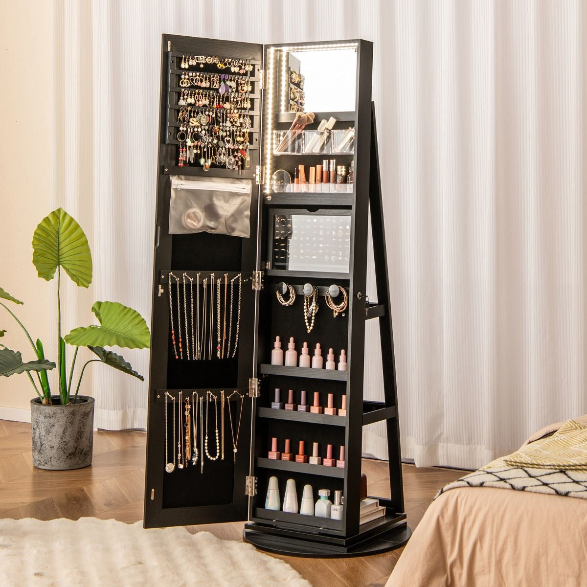 Armoire À Bijoux Pivotante À 360°Avec Lumières LED 3 Couleurs Miroir Pleine Longueur Et Étagère 3 Niveaux En Arrière 10 Couleurs Au Choix