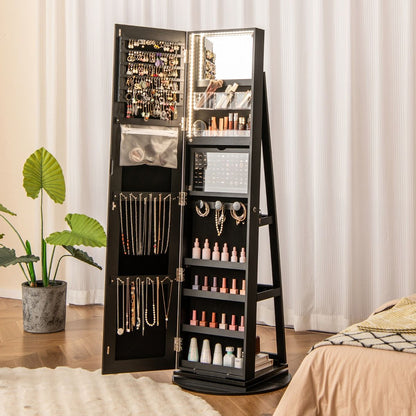 Armoire À Bijoux Pivotante À 360°Avec Lumières LED 3 Couleurs Miroir Pleine Longueur Et Étagère 3 Niveaux En Arrière 10 Couleurs Au Choix