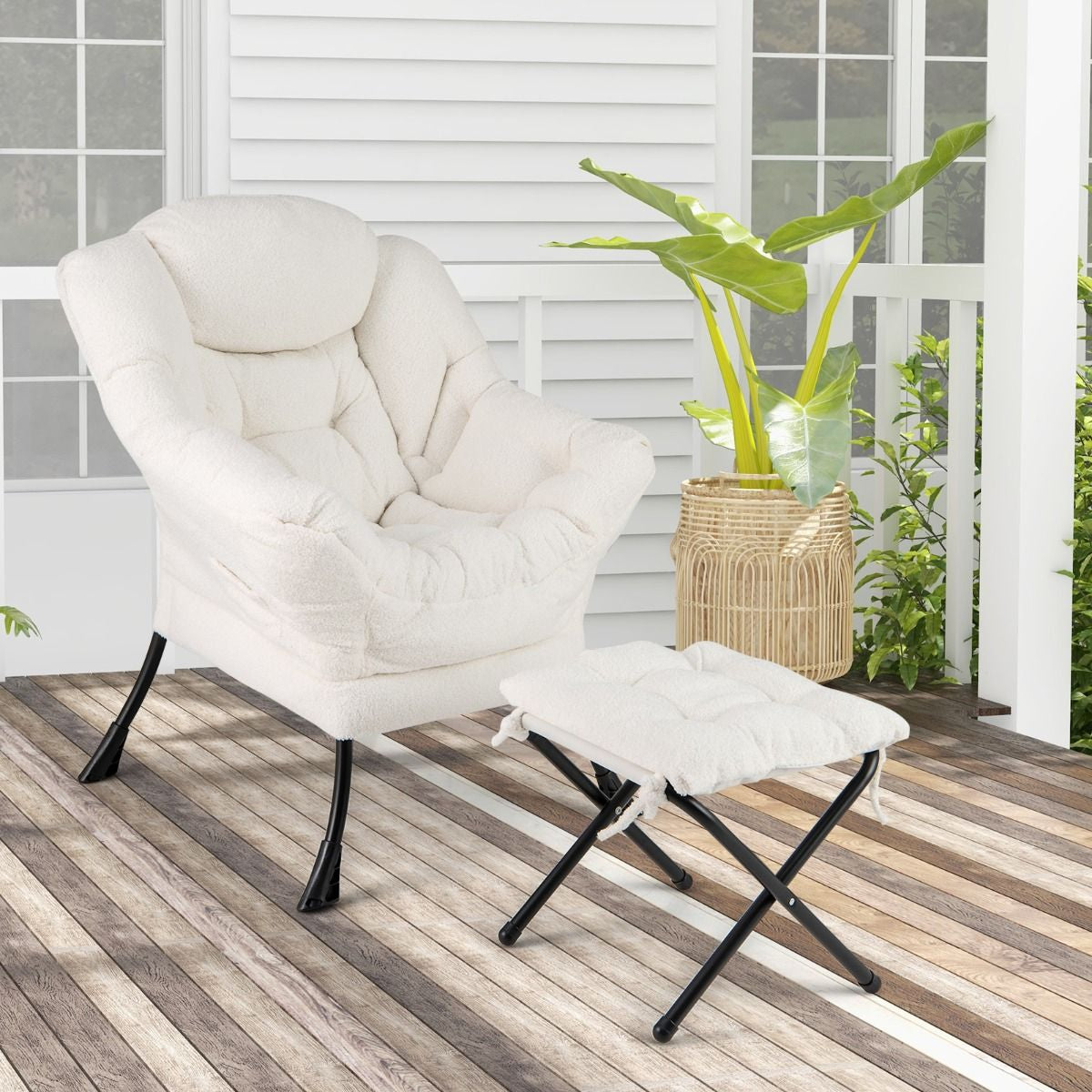 Chaise Paresseuse Avec Ottoman Fauteuil De Loisirs Rembourré Sherpa Moderne Avec Repose-Pied Pliable Coussin De Tête Beige/Gris/Rose