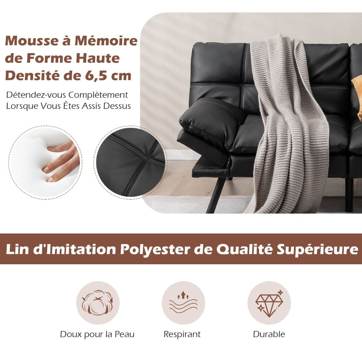 Canapé-Lit Futon Convertible En Mousse À Mémoire De Forme Avec Dossier Et Accoudoirs Réglables Canapé-Lit Futon Moderne Gris/Noir/Brun