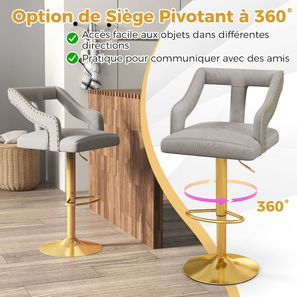 Lot De 2 Chaises De Bar Pivotantes Et Réglables Repose-Pied Base En Métal Galvanisé Anneau Antidérapant Gris/Rose