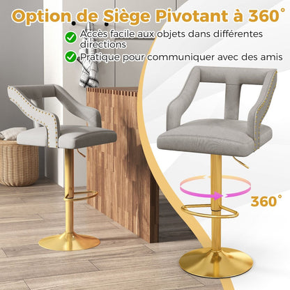 Lot De 2 Chaises De Bar Pivotantes Et Réglables Repose-Pied Base En Métal Galvanisé Anneau Antidérapant Gris/Rose