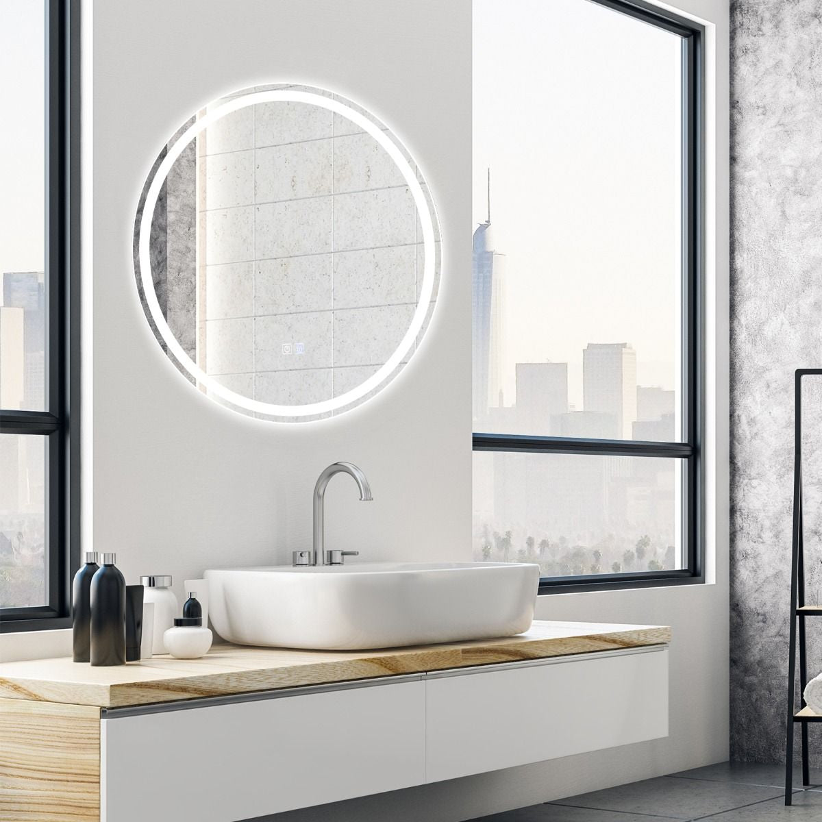 Miroir De Salle De Bain LED Ø 60 Cm Avec 3 Eclairages Interrupteur Tactile Et Fonction Anti-Buée