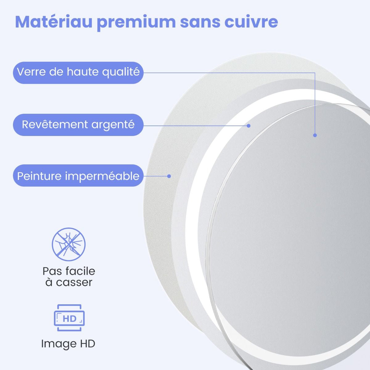 Miroir Mural Rond À LED Et Fonction Anti-Buée Miroir De Courtoisie Étanche Avec 3 Couleurs 58 Lumières Écran Tactile Miroir De Maquillage Argent