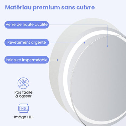Miroir Mural Rond À LED Et Fonction Anti-Buée Miroir De Courtoisie Étanche Avec 3 Couleurs 58 Lumières Écran Tactile Miroir De Maquillage Argent
