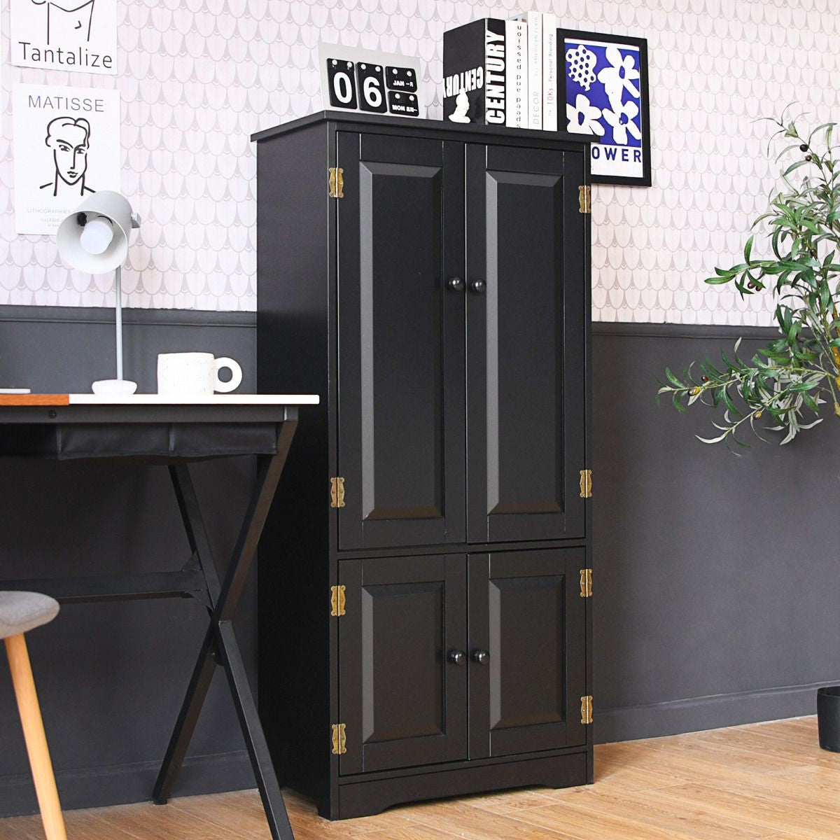 Armoire De Chambre Avec 2 Porte De Style Vintage Avec 2 Etagères Réglables À 5 Positions En MDF Blanc/Noir