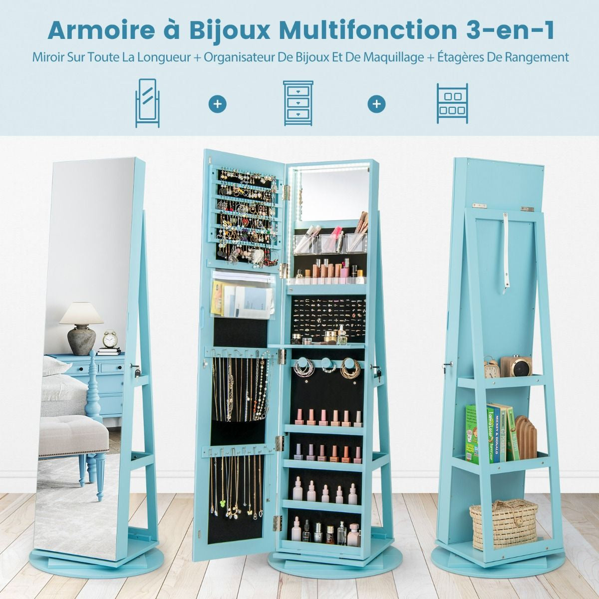 Armoire À Bijoux Pivotante À 360°Avec Lumières LED 3 Couleurs Miroir Pleine Longueur Et Étagère 3 Niveaux En Arrière 10 Couleurs Au Choix