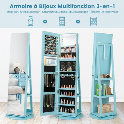 Armoire À Bijoux Pivotante À 360°Avec Lumières LED 3 Couleurs Miroir Pleine Longueur Et Étagère 3 Niveaux En Arrière 10 Couleurs Au Choix