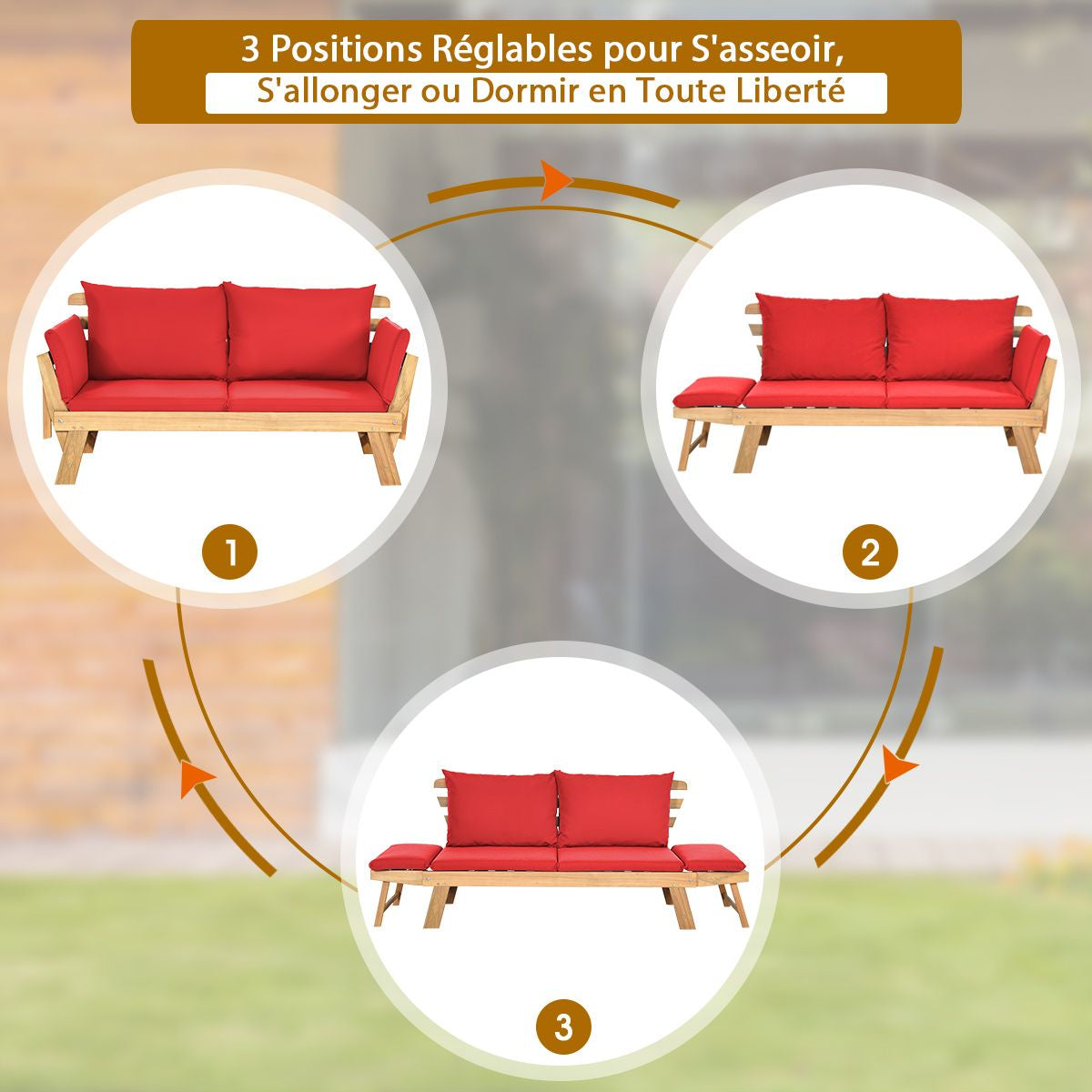 Chaise Longue Convertible Avec Coussin Canapé De Jardin 2 En 1 En Bois D’Acacia Avec Accoudoir Réglable 4 Couleurs Au Choix