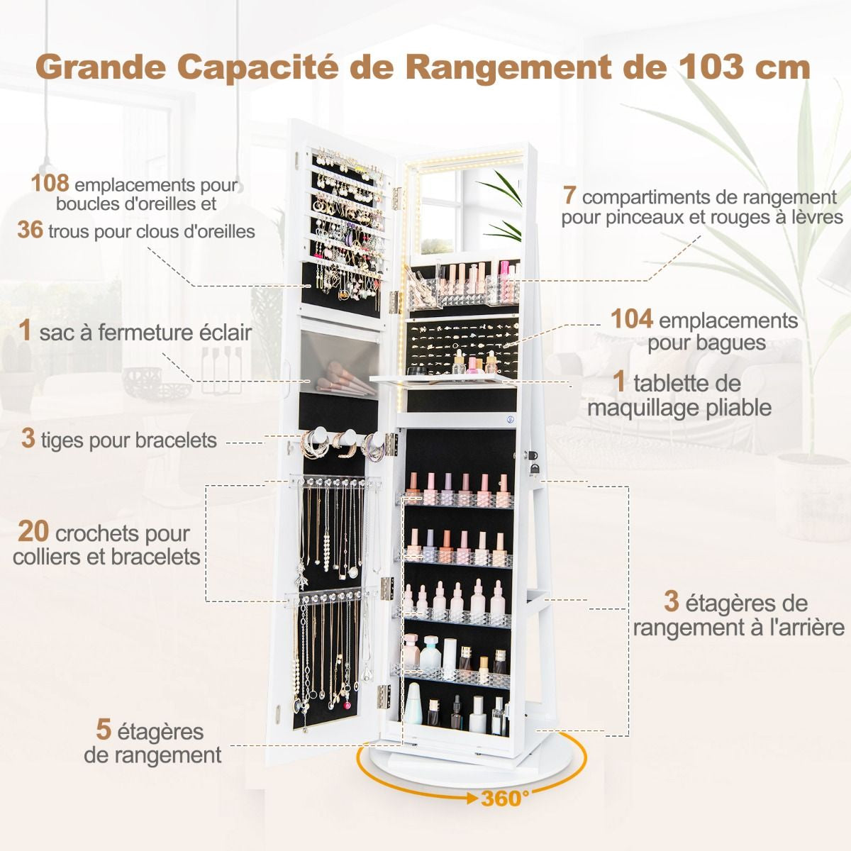 Armoire À Bijoux Avec Miroir Sur Pieds Pivotant 360° Grand Miroir Psyché Sans Cadre Avec LED Verrouillable Placard Beauté 3 Étagères Blanc/Café