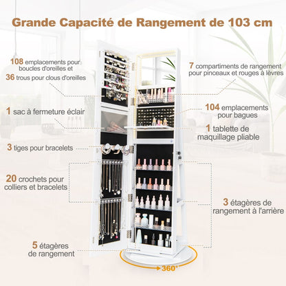 Armoire À Bijoux Avec Miroir Sur Pieds Pivotant 360° Grand Miroir Psyché Sans Cadre Avec LED Verrouillable Placard Beauté 3 Étagères Blanc/Café