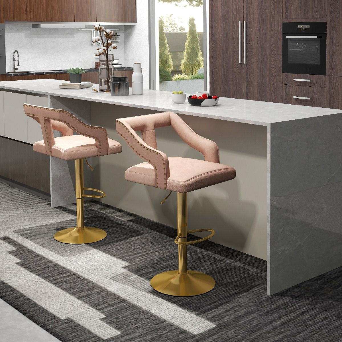 Lot De 2 Chaises De Bar Pivotantes Et Réglables Repose-Pied Base En Métal Galvanisé Anneau Antidérapant Gris/Rose