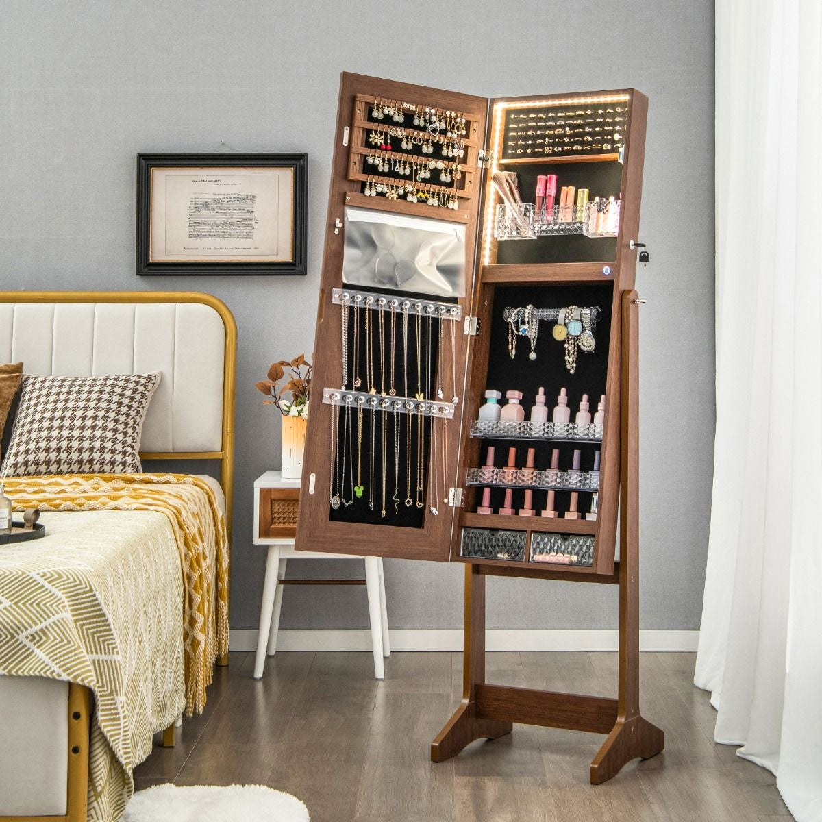 Armoire À Bijoux Sur Pied Avec Lumières LED Armoire Verrouillable Avec Miroir Pleine Longueur Éclairé Blanc/Marron Rustique/Noyer