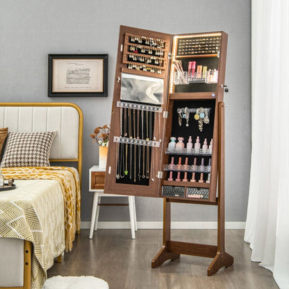 Armoire À Bijoux Sur Pied Avec Lumières LED Armoire Verrouillable Avec Miroir Pleine Longueur Éclairé Blanc/Marron Rustique/Noyer