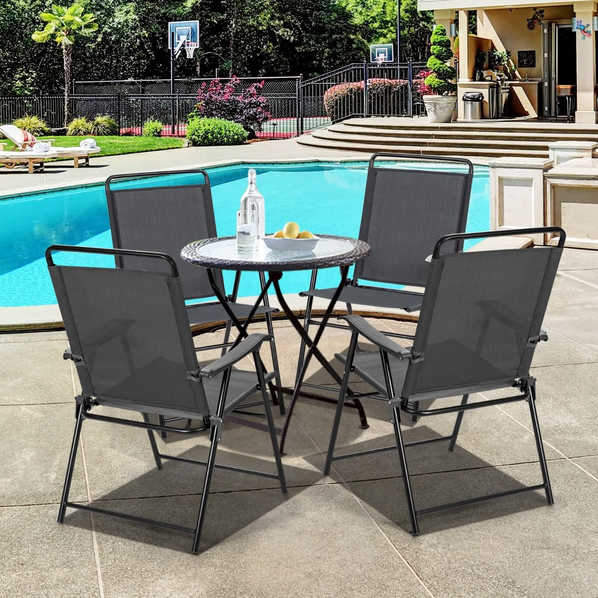 Lot De 4 Chaises Fauteuils De Jardin Pliantes En Textilène Accoudoirs Patins Antidérapants Charge 150KG Gris