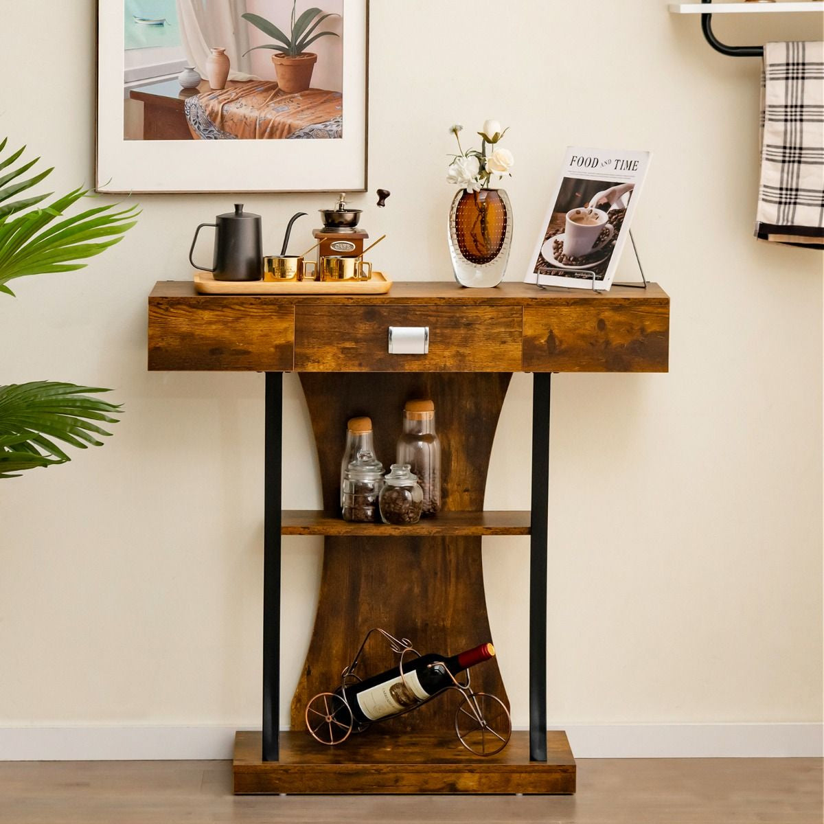Table Console 3 Étagères Meuble D'Entrée L91 X P30 X H88 Style Scandinave Dispositif Anti-Renversement Brun Rustique/Noir/Gris