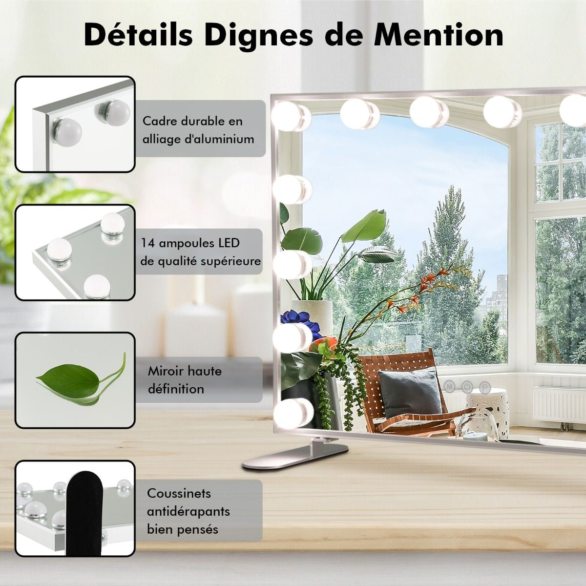Miroir Maquillage Hollywood 14 Ampoules LED Tactile Éclairage Luminosité Rglable Blanc Froid/Chaud/Neutre