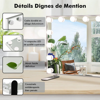 Miroir Maquillage Hollywood 14 Ampoules LED Tactile Éclairage Luminosité Rglable Blanc Froid/Chaud/Neutre