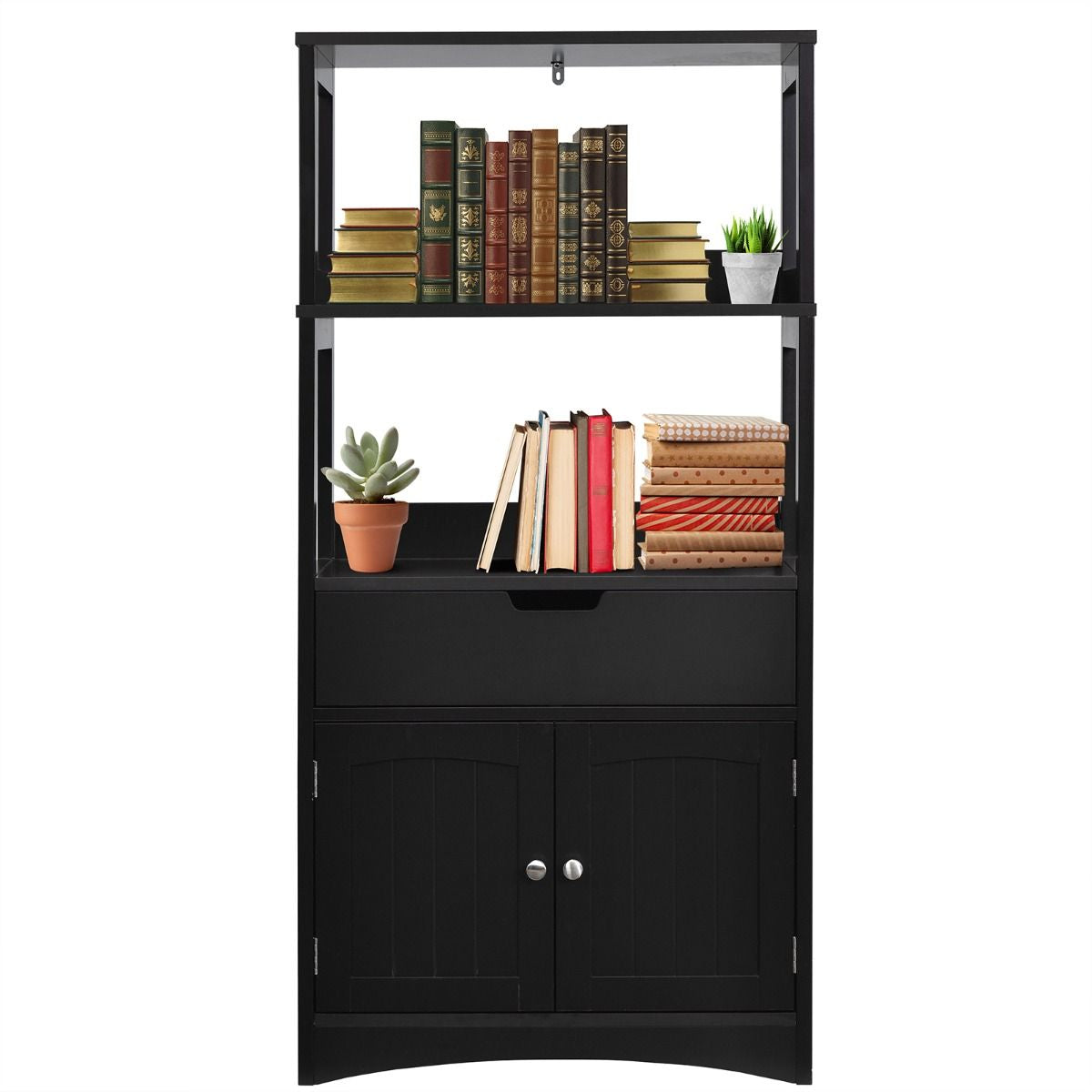 Armoire De Salle De Bain Avec 2 Portes 1 Tiroir 3 Etagères Ouvertes Capacité 70 Kg En Mdf 32,5X60X122Cm Blanc/Noir/Gris