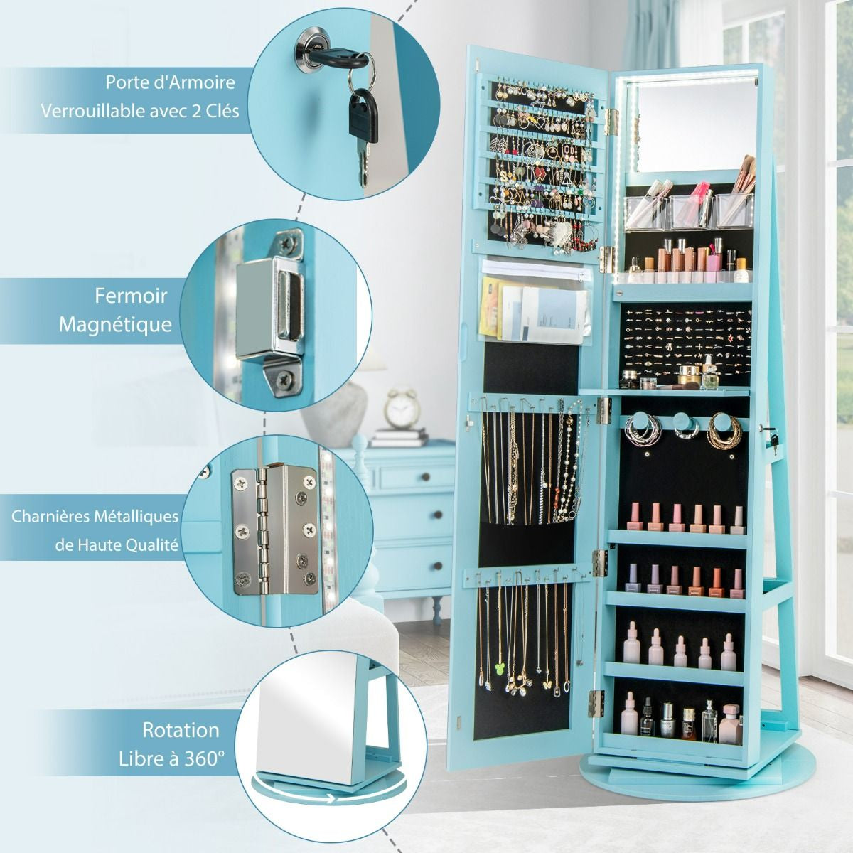 Armoire À Bijoux Pivotante À 360°Avec Lumières LED 3 Couleurs Miroir Pleine Longueur Et Étagère 3 Niveaux En Arrière 10 Couleurs Au Choix