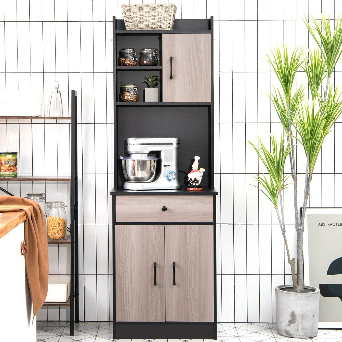Buffet De Cuisine Meuble Cuisine Rangement Avec 3 Portes Et 1 Niche De Rangement Passe-Câble 60 X 40 X 180 CM Noir/Blanc