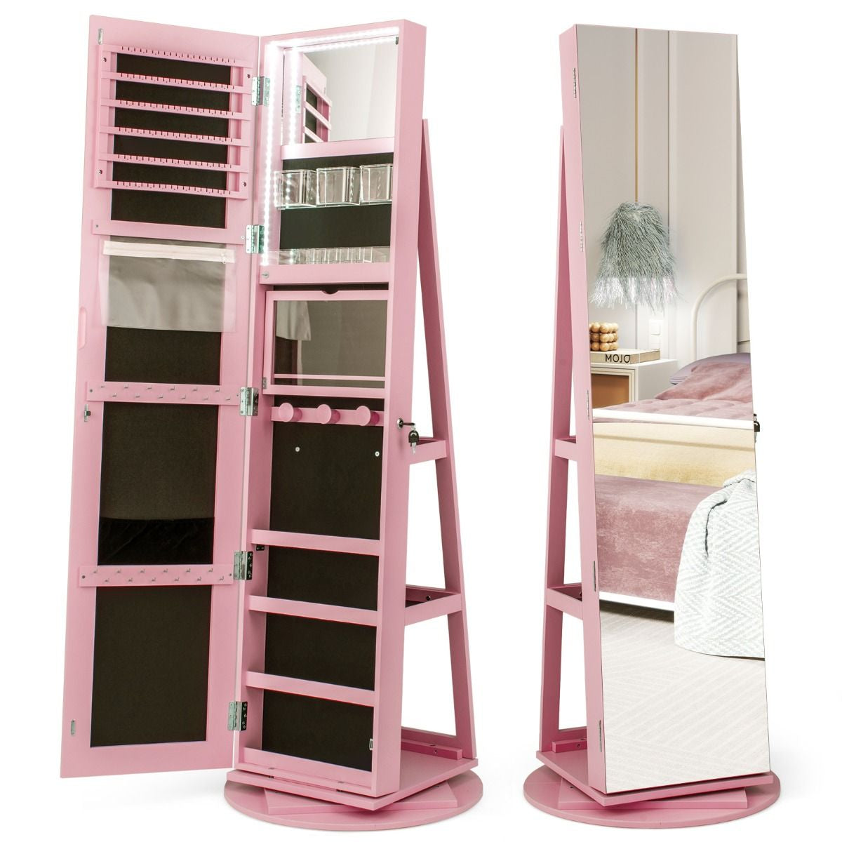 Armoire À Bijoux Pivotante À 360°Avec Lumières LED 3 Couleurs Miroir Pleine Longueur Et Étagère 3 Niveaux En Arrière 10 Couleurs Au Choix