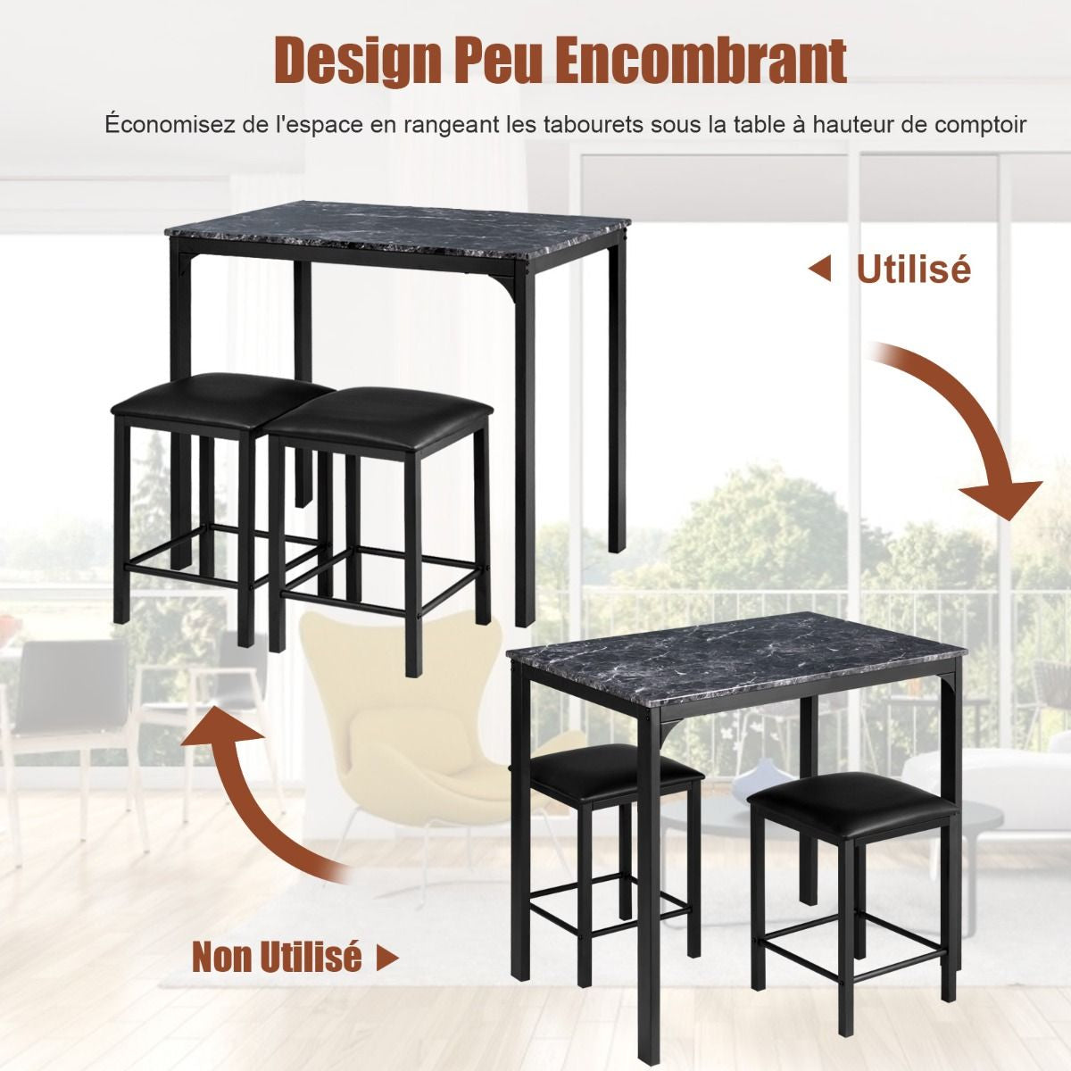 Table Haute Cuisine Avec 2 Tabourets Table Bar Cuisine Cadre En Métal Mange-Debout Industriel Pour Bistro Salle À Manger Cuisine Blanc/Café/Noir