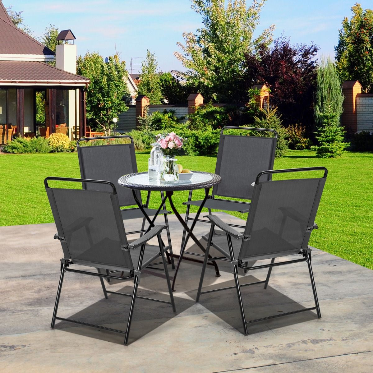Lot De 4 Chaises Fauteuils De Jardin Pliantes En Textilène Accoudoirs Patins Antidérapants Charge 150KG Gris