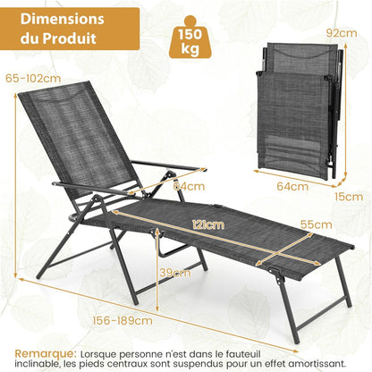 Chaises Longues Pliantes Fauteuil 2 Pièces Dossier À 6 Niveaux Tissu De Siège Respirant Cadre En Métal Solide Chaises Inclinables Réglables Gris/Noir/Café